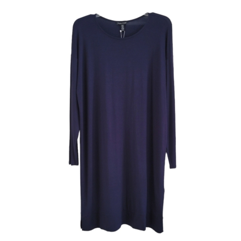 Eileen Fisher Lightweight Viscose Jersey Jewel Neckline T-shirt Dress in Navy‎